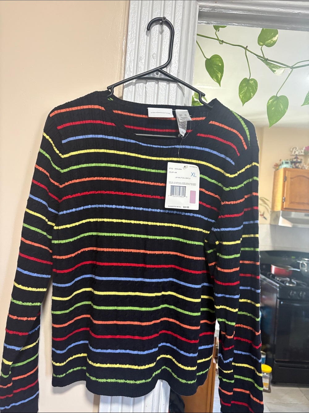 Liz Claiborne Black Crewneck Sweater with Rainbow Stripes